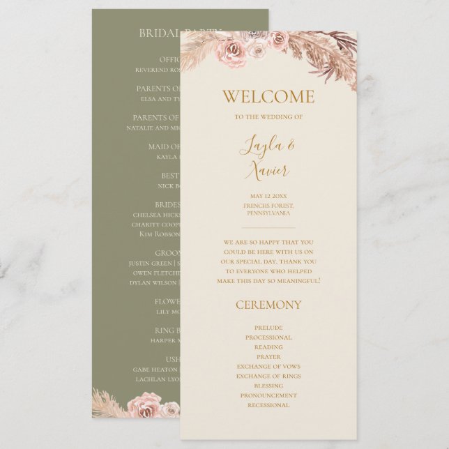 Boho Tropical Botanisk | Olivgrön Platt Bröllopskl Program (Fram/baksida)