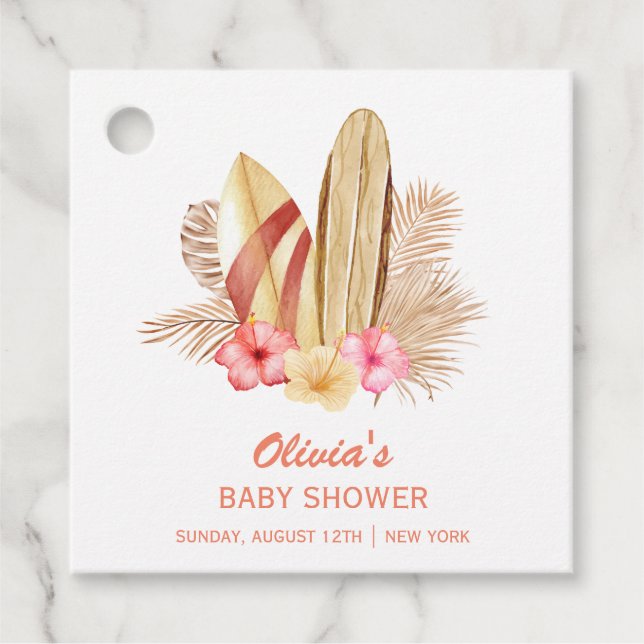 Boho Tropical Flower SurfIng Baby Shower Gåvor Etiketter (Framsida)