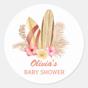 Boho Tropical Flower SurfIng Baby Shower Runt Klistermärke