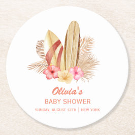 Boho Tropical Flower SurfIng Baby Shower Underlägg Papper Rund