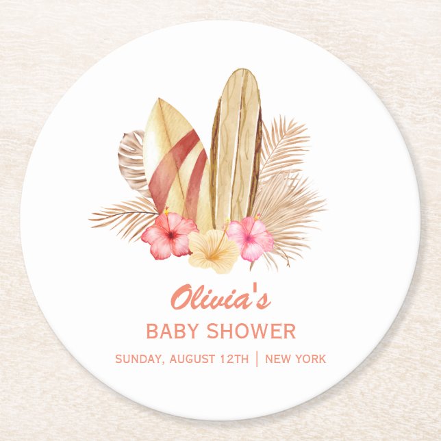 Boho Tropical Flower SurfIng Baby Shower Underlägg Papper Rund (Framsidan)