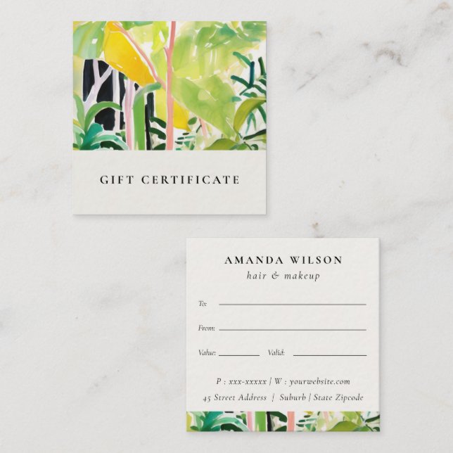 Boho Tropical Foliage Botanical Gift Certificate Fyrkantigt Visitkort (Fram/baksida)