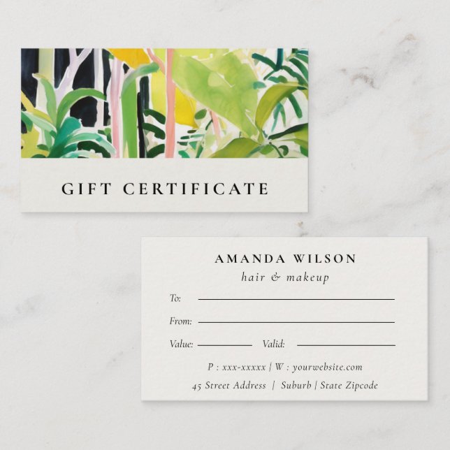 Boho Tropical Foliage Botanical Gift Certificate Visitkort (Fram/baksida)
