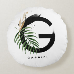 Boho Tropical Greenery Brev G Monogram Rund Kudde