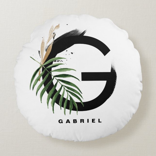 Boho Tropical Greenery Brev G Monogram Rund Kudde (Framsidan)