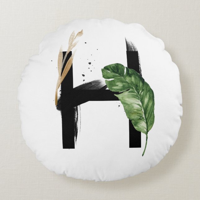 Boho Tropical Greenery Brev H Monogram Rund Kudde (Framsidan)