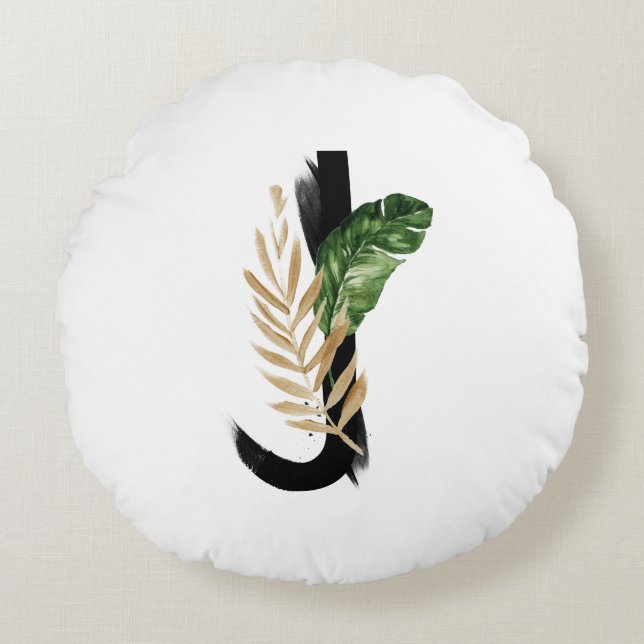 Boho Tropical Handflatan Lövs Brev J Monogram Rund Kudde (Framsidan)