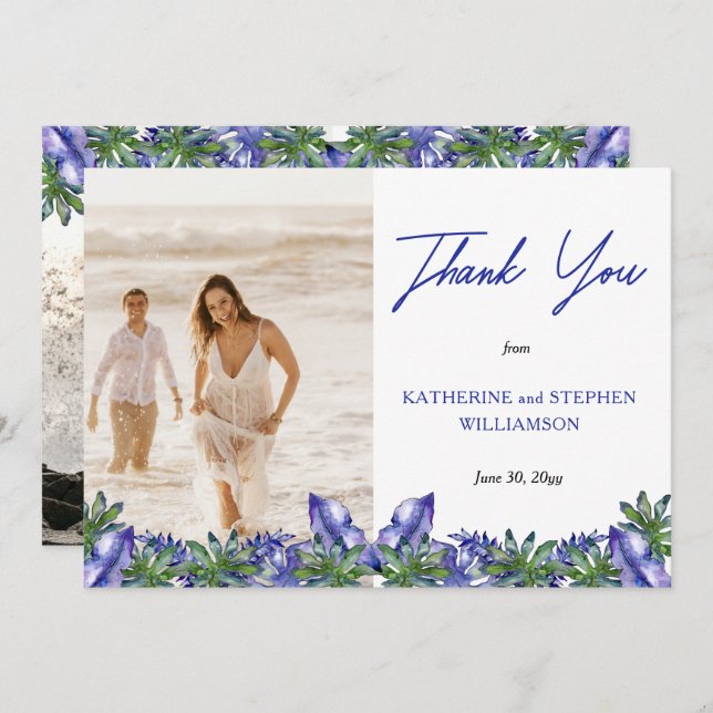 Boho Tropical Lila | Grönt Bröllop Photo Tack Y (Fram/baksida)