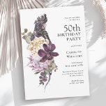 Boho Tropical Lila Parrot 50:e födelsedagen Inbjudningar<br><div class="desc">En unikt vacker blommigt med tropisk boho-färg 50:e födelsedagsfest inbjudan med en högtstående färg palett i lila, plommon, beige (benvit) och grönt. En vacker stor lila papegoja sitter på en luxuriös bukett av exotiska tropiska blommor. Färg-programmet är perfekt för födelsedagsevenemang under alla säsonger och har en rustisk charm. De vackra...</div>