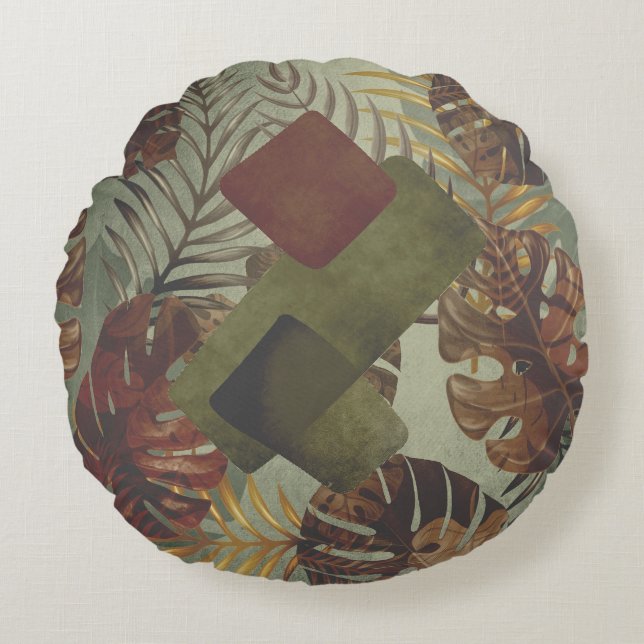 Boho tropical monstera handflatan löv 70:e sommare rund kudde (Framsidan)