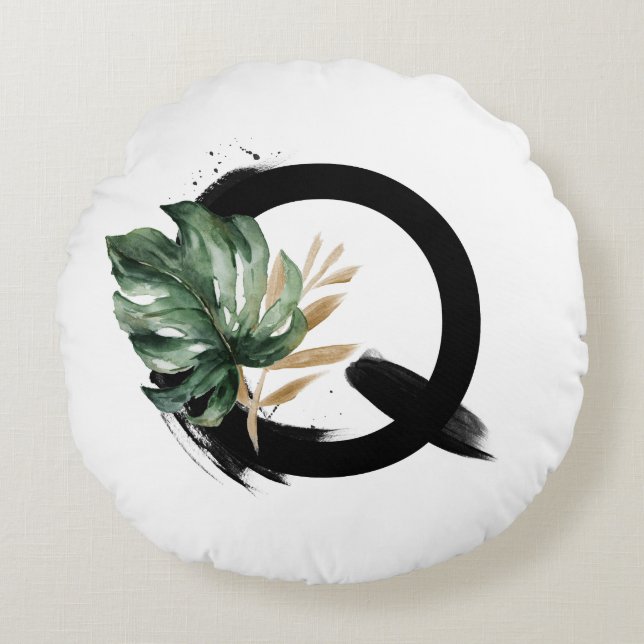 Boho Tropical Monstera Löv Brev Q Monogram Rund Kudde (Framsidan)