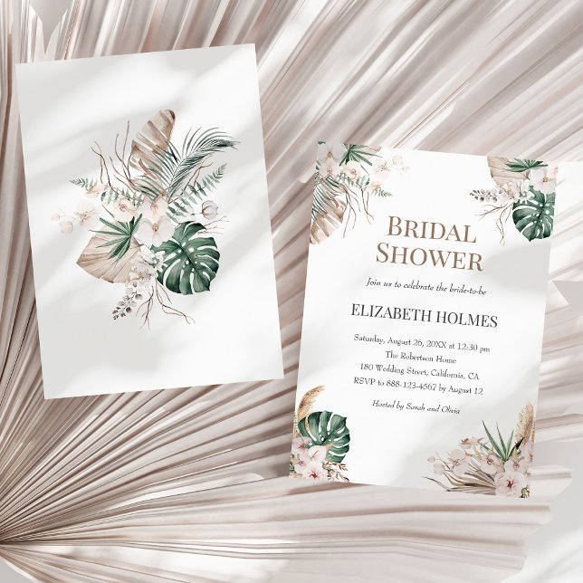 Boho Tropical Orchid Inbjudningskort för möhippan (Boho Tropical Orchid Bridal Shower Invitation on a sunny neutral dry palm leaf.)