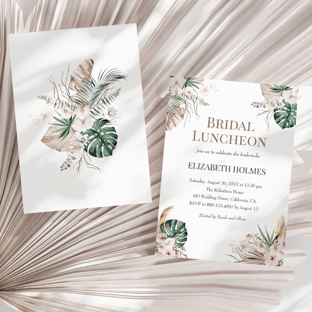 Boho Tropical Orchid Möhippa Luncheon-inbjudan Inbjudningar (Boho Tropical Orchid Bridal Luncheon Invitation on a sunny neutral dry palm leaf.)