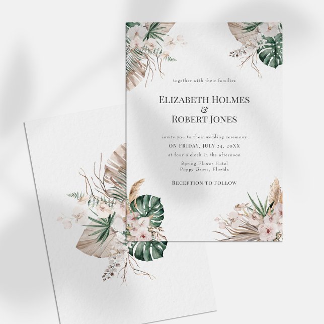 Boho Tropical Orchid & Monstera bröllopsinbjudan Inbjudningar (Boho Tropical Orchid & Monstera Wedding Invitation on a white sunny table.)