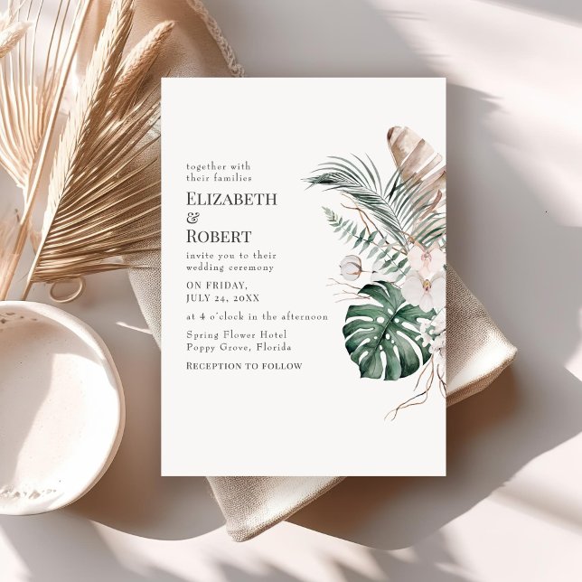 Boho Tropical Orchid och Monstera Bröllop Inbjudningar (Boho Tropical Orchid and Monstera Wedding Invitation on neutral boho table.)