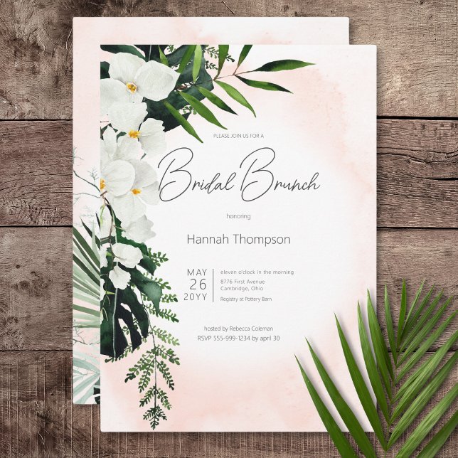 Boho Tropical  Peach Watercolor Möhippa Brunch Inbjudningar (Boho Tropical Blush Peach Watercolor Bridal Brunch Invitation)