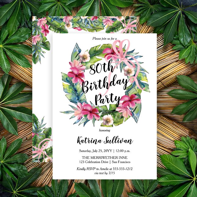 Boho Tropical Rosa Blommigt 80:e Födelsedagsfesten Inbjudningar (Boho Pink Hibiscus and Tropical Leaves with Pink Coquette Bow 80th Birthday Party Invitation)