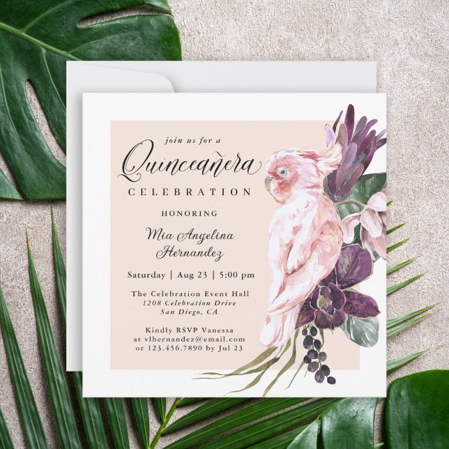 Boho Tropical Rosa Parrot Blommigt Quinceanera Inbjudningar (Skapare uppladdad)