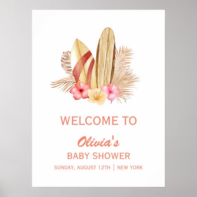 Boho Tropical SurfIng Baby Shower Välkommen Poster (Framsidan)