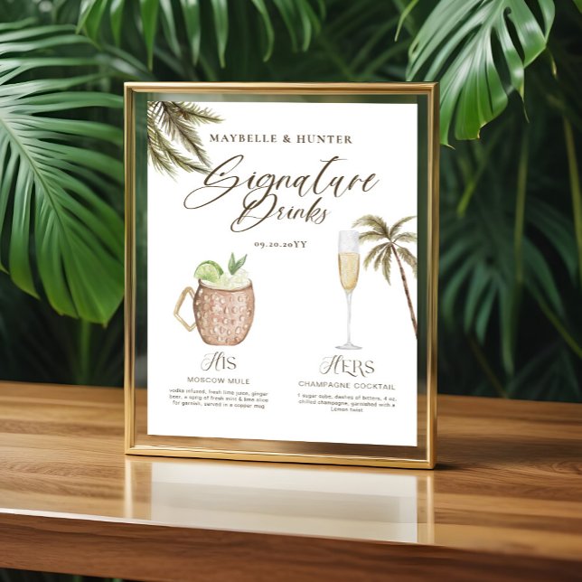 Boho Tropical Watercolor Namnteckning Drinks Bröll Poster (Boho Tropical Watercolor Signature Drinks Wedding Acrylic Sign)