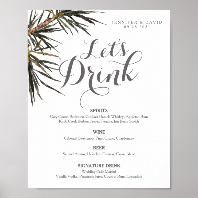 Boho Tropisk Bröllopsbar Meny Skylt Poster (Matte) (Framsidan)