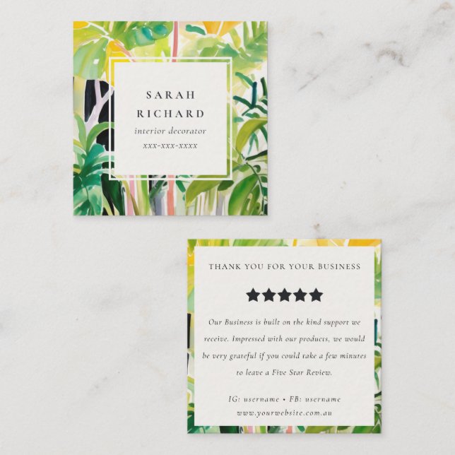 Boho Tropisk Lövverk Botanisk Recensionsförfrågan Fyrkantigt Visitkort (Fram/baksida)