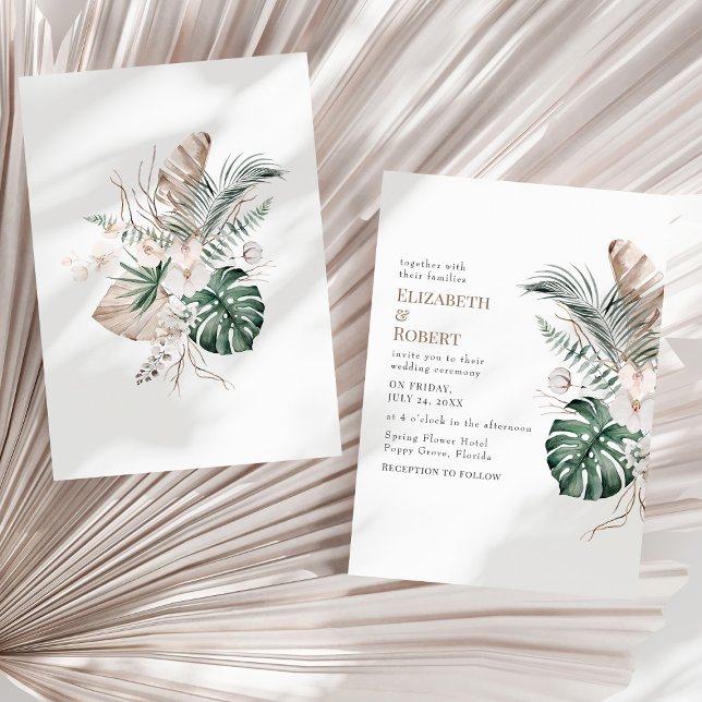 Boho Tropisk Orkidé och Monstera Bröllop Inbjudningar (Boho Tropical Orchid and Monstera Wedding Invitation on a sunny neutral dry palm leaf.)