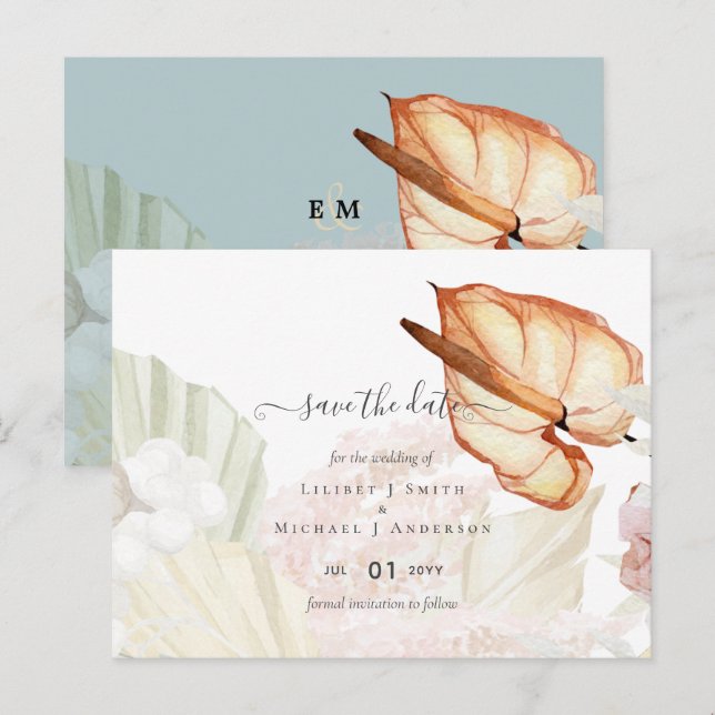 BOHO Tropisk Pampasgräs Bröllop Vykort (Fram/baksida)