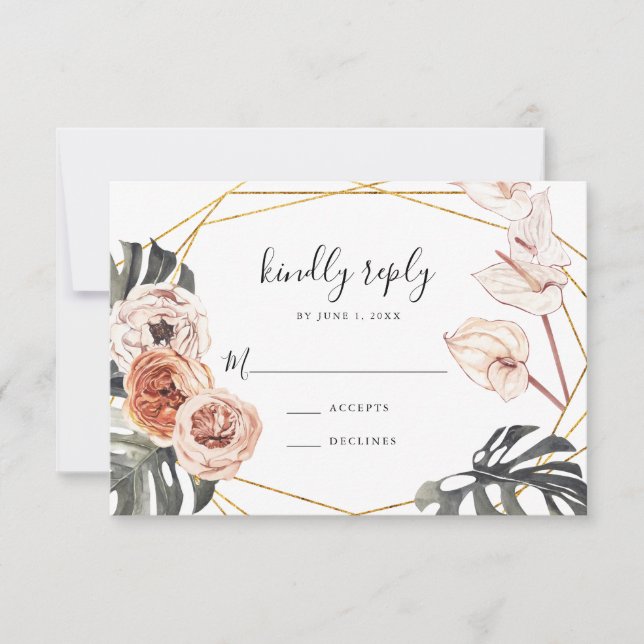 Boho Tropiskt Blommigt Guld Ram Bröllop RSVP-kort OSA Kort (Framsida)