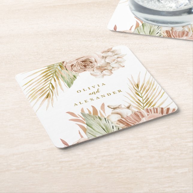 Boho Tropiskt Blommigt och Palmbröllop Underlägg Papper Kvadrat (Vinklad)