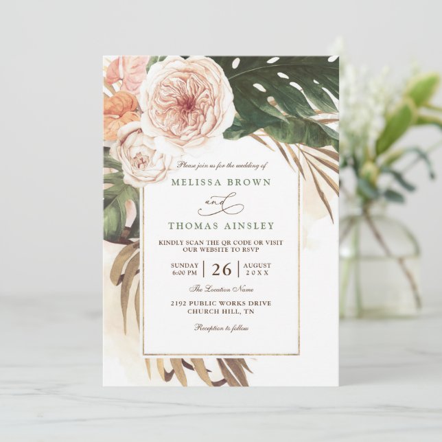 Boho Tropiskt Blommigt Öken Chic QR-kod Bröllop Inbjudningar (Stående Fram)