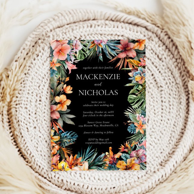 Boho Tropiskt Blommigt Svart Bröllopsinbjudan Inbjudningar (tropical wedding invitation black
)