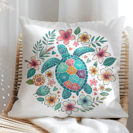 Boho Turcos Blommigt Sea Turtle - Coastal Kudde