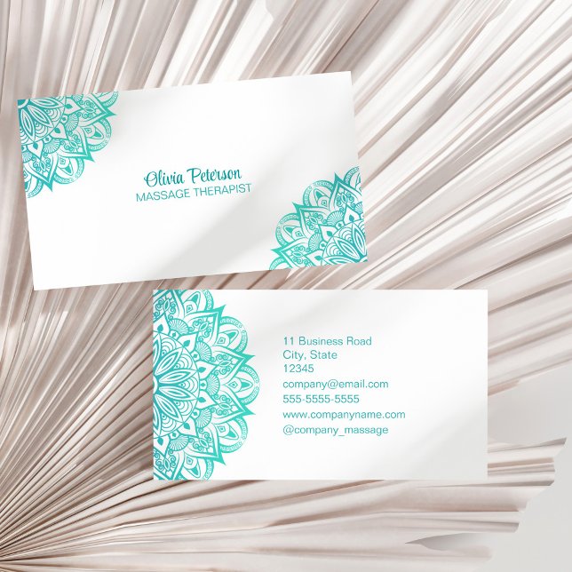 Boho Turcos Mandala-massage Therapist Visitkort (Boho Turquoise Mandala Massage Therapist Business Card on a dry palm leaf.)