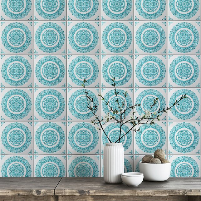 Boho Turcos teal blue Mandala-blomman Kakelplatta (Skapare uppladdad)