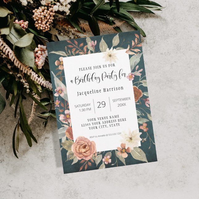BOHO-turkos-Födelsedagsfest för höstfälla Blommigt Inbjudningar (Skapare uppladdad)