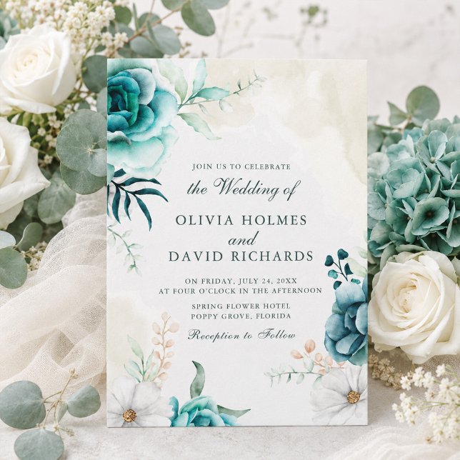 Boho turkos vildblomma botanisk bröllopsinbjudan inbjudningar (Boho Teal Wildflower Botanical Wedding Invitation)