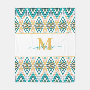 Boho Turkvoise Mustard Ethnic Abstrakt Monogram Fleecefilt