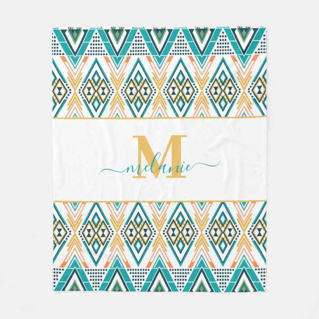 Boho Turkvoise Mustard Ethnic Abstrakt Monogram Fleecefilt (Framsidan)