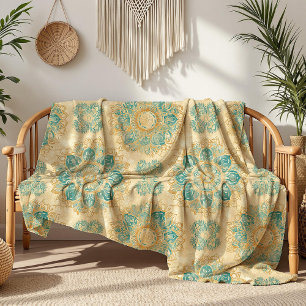 Boho Turkvoise och Sand Beige Mandala Fleecefilt