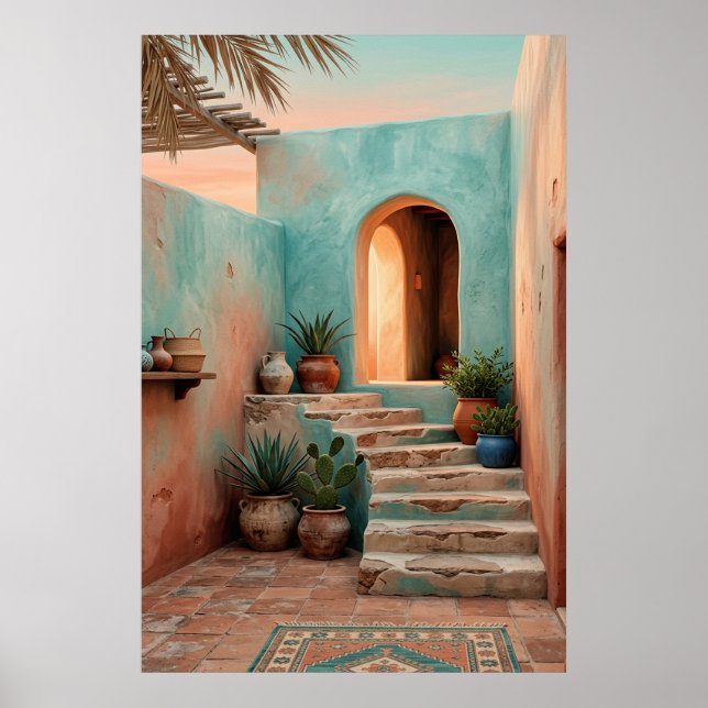 Boho Turquoise Desert Courtyard, Rustic Staircase  Poster (Framsidan)