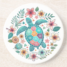 Boho Turquoise Floral Sea Turtle - Coastal Round Underlägg