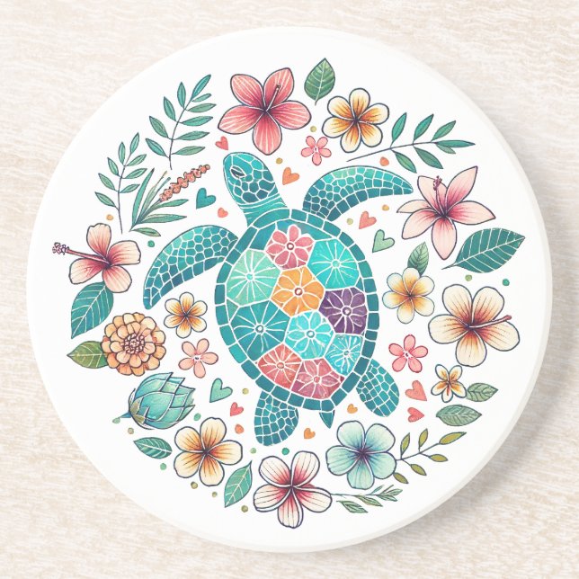 Boho Turquoise Floral Sea Turtle - Coastal Round Underlägg (Framsidan)