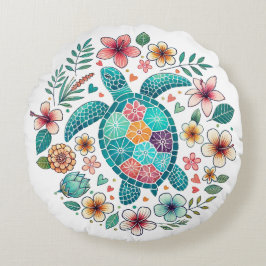 Boho Turquoise Floral Sea Turtle - Coastal Rund Kudde