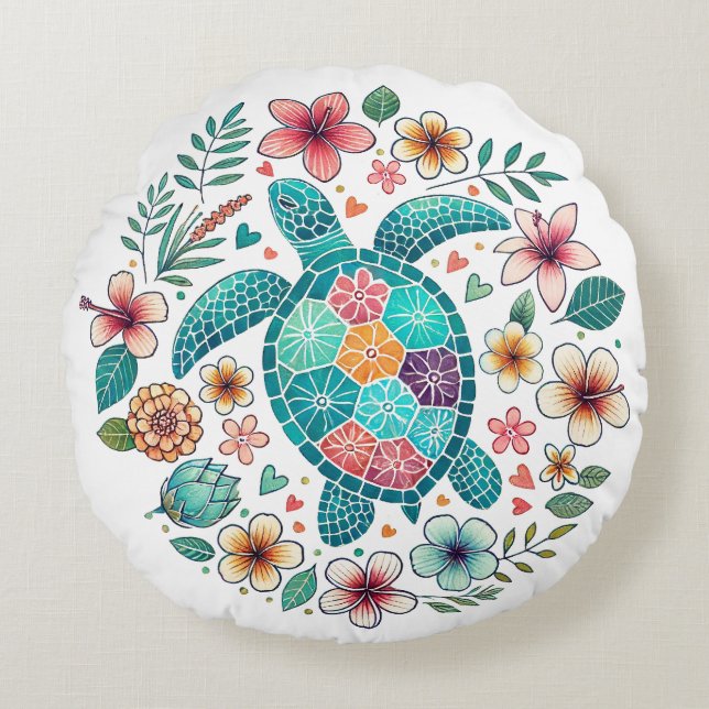 Boho Turquoise Floral Sea Turtle - Coastal Rund Kudde (Framsidan)