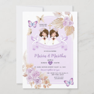 Boho TWIN Girl First Heliga Communion Lila blommor Inbjudningar