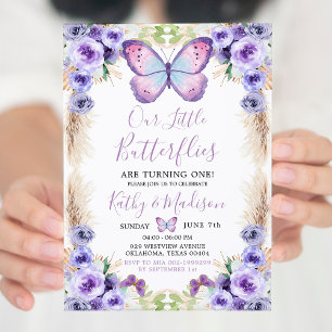 Boho Twin Lila Butterfly Första födelsedagen Blomm Inbjudningar