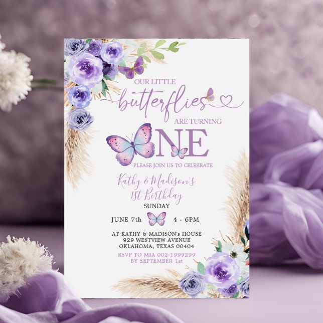 Boho Twin Lila Butterfly Första födelsedagen Blomm Inbjudningar (Skapare uppladdad)