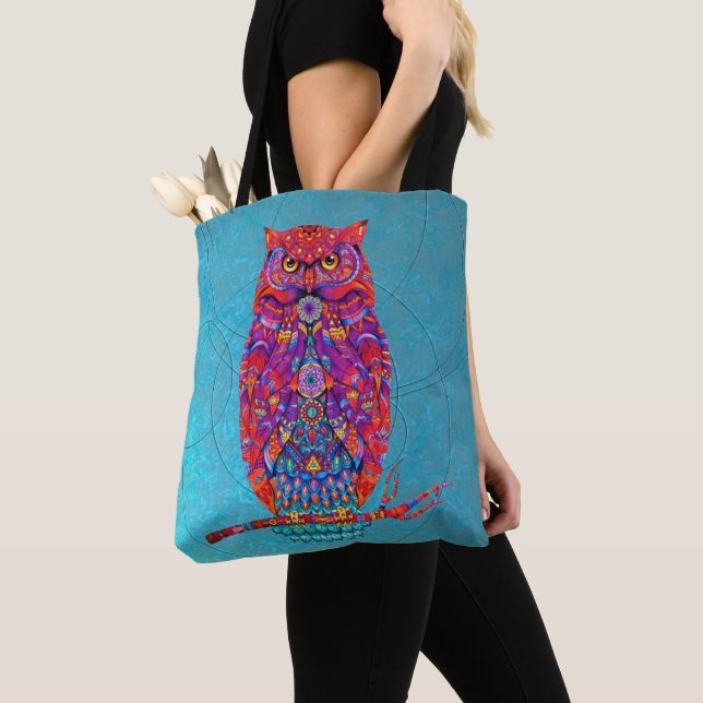Boho Uggla Tote: Vibrant Art - Varje dag Stil Tygkasse (Närbild)