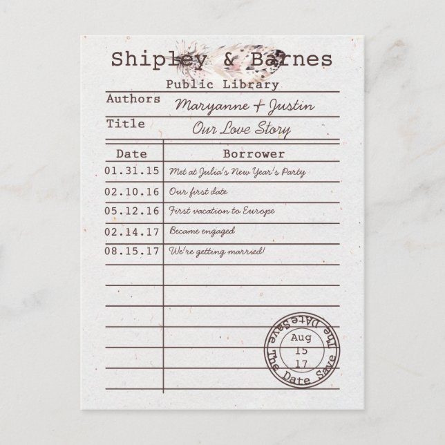 Boho Uggle Fjäder Bibliotekskort Spara Datum | Meddelande Vykort (Framsida)